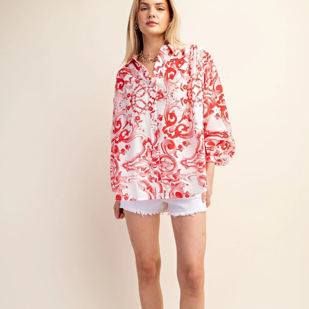Vibrant print oversized button front shirt